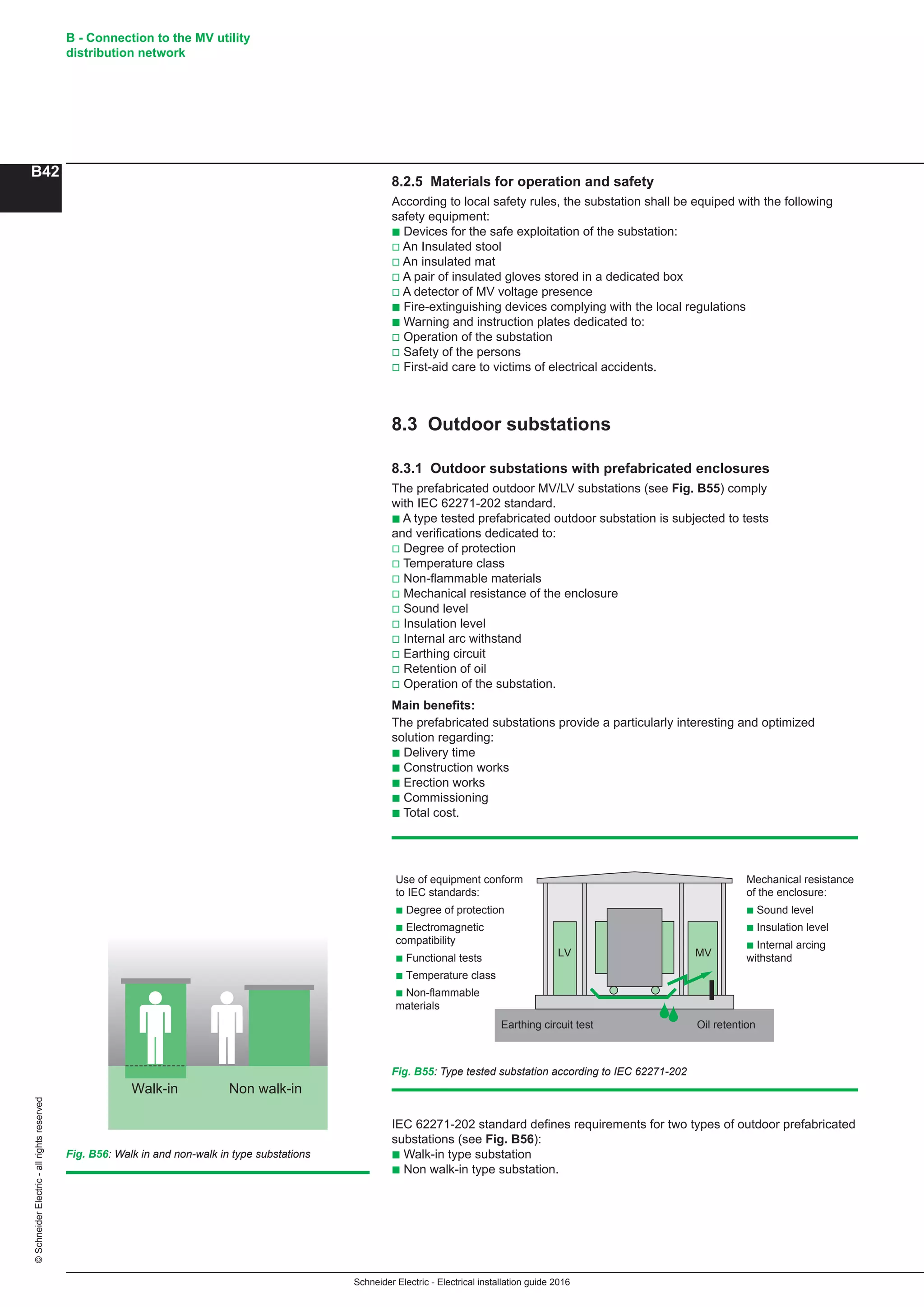 Schneider Electric - Electrical installation guide 2016
B - Connection to the MV utility
distribution network
B42
©SchneiderElectric-allrightsreserved
8.2.5 Materials for operation and safety
According to local safety rules, the substation shall be equiped with the following
safety equipment:
b Devices for the safe exploitation of the substation:
v An Insulated stool
v An insulated mat
v A pair of insulated gloves stored in a dedicated box
v A detector of MV voltage presence
b Fire-extinguishing devices complying with the local regulations
b Warning and instruction plates dedicated to:
v Operation of the substation
v Safety of the persons
v First-aid care to victims of electrical accidents.
8.3 Outdoor substations
8.3.1 Outdoor substations with prefabricated enclosures
The prefabricated outdoor MV/LV substations (see Fig. B55) comply
with IEC 62271-202 standard.
b A type tested prefabricated outdoor substation is subjected to tests
and verifications dedicated to:
v Degree of protection
v Temperature class
v Non-flammable materials
v Mechanical resistance of the enclosure
v Sound level
v Insulation level
v Internal arc withstand
v Earthing circuit
v Retention of oil
v Operation of the substation.
Main benefits:
The prefabricated substations provide a particularly interesting and optimized
solution regarding:
b Delivery time
b Construction works
b Erection works
b Commissioning
b Total cost.
Fig. B55: Type tested substation according to IEC 62271-202
Use of equipment conform
to IEC standards:
b Degree of protection
b Electromagnetic
compatibility
b Functional tests
b Temperature class
b Non-flammable
materials
Mechanical resistance
of the enclosure:
b Sound level
b Insulation level
b Internal arcing
withstandLV
Earthing circuit test Oil retention
MV
IEC 62271-202 standard defines requirements for two types of outdoor prefabricated
substations (see Fig. B56):
b Walk-in type substation
b Non walk-in type substation.
Walk-in Non walk-in
Fig. B56: Walk in and non-walk in type substations
 
