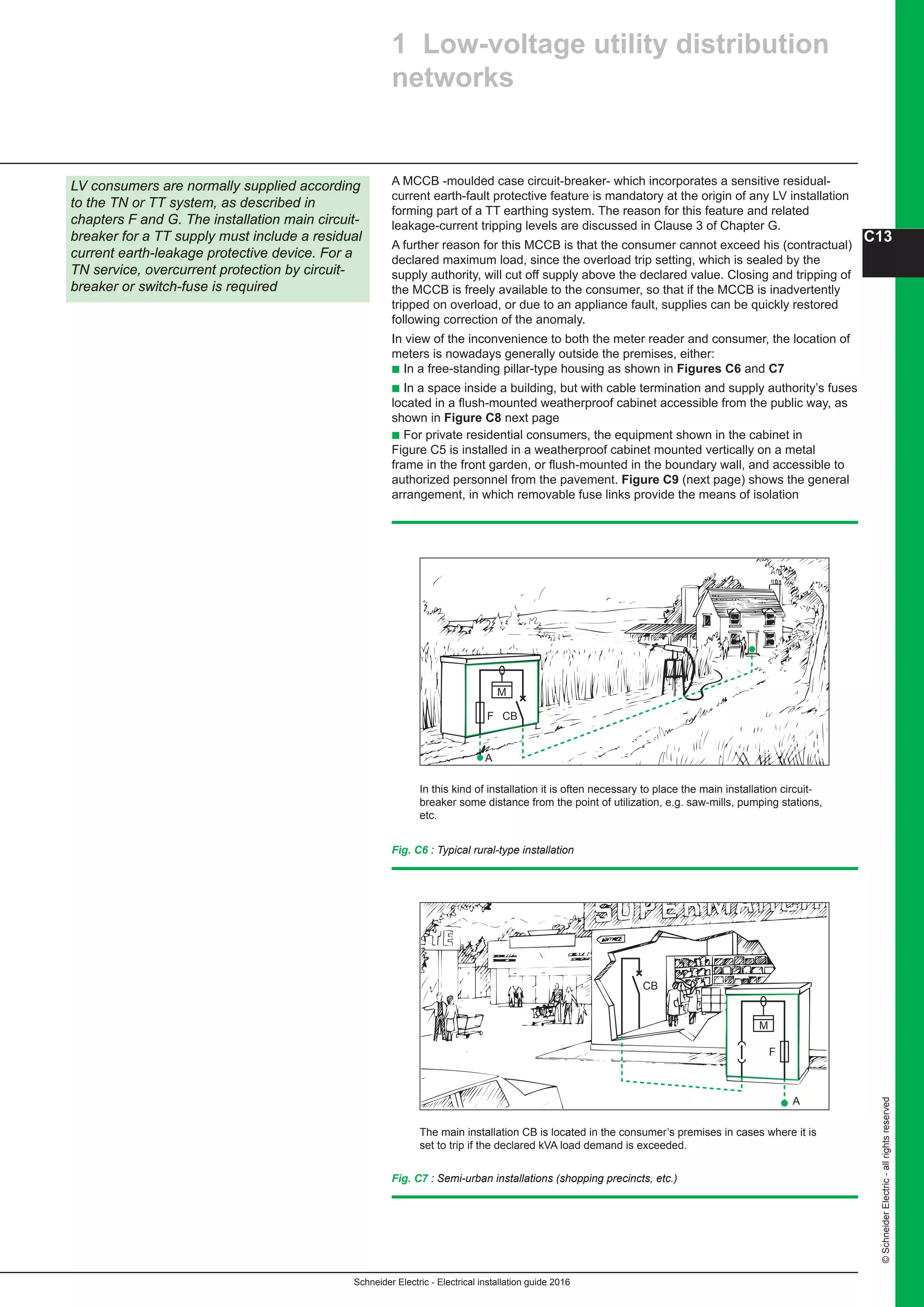 Schneider Electric - Electrical installation guide 2016
C13
©SchneiderElectric-allrightsreserved
A MCCB -moulded case circuit-breaker- which incorporates a sensitive residual-
current earth-fault protective feature is mandatory at the origin of any LV installation
forming part of a TT earthing system. The reason for this feature and related
leakage-current tripping levels are discussed in Clause 3 of Chapter G.
A further reason for this MCCB is that the consumer cannot exceed his (contractual)
declared maximum load, since the overload trip setting, which is sealed by the
supply authority, will cut off supply above the declared value. Closing and tripping of
the MCCB is freely available to the consumer, so that if the MCCB is inadvertently
tripped on overload, or due to an appliance fault, supplies can be quickly restored
following correction of the anomaly.
In view of the inconvenience to both the meter reader and consumer, the location of
meters is nowadays generally outside the premises, either:
b In a free-standing pillar-type housing as shown in Figures C6 and C7
b In a space inside a building, but with cable termination and supply authority’s fuses
located in a flush-mounted weatherproof cabinet accessible from the public way, as
shown in Figure C8 next page
b For private residential consumers, the equipment shown in the cabinet in
Figure C5 is installed in a weatherproof cabinet mounted vertically on a metal
frame in the front garden, or flush-mounted in the boundary wall, and accessible to
authorized personnel from the pavement. Figure C9 (next page) shows the general
arrangement, in which removable fuse links provide the means of isolation
1 Low-voltage utility distribution
networks
LV consumers are normally supplied according
to the TN or TT system, as described in
chapters F and G. The installation main circuit-
breaker for a TT supply must include a residual
current earth-leakage protective device. For a
TN service, overcurrent protection by circuit-
breaker or switch-fuse is required
Fig. C6 : Typical rural-type installation
In this kind of installation it is often necessary to place the main installation circuit-
breaker some distance from the point of utilization, e.g. saw-mills, pumping stations,
etc.
CB
M
F
A
Fig. C7 : Semi-urban installations (shopping precincts, etc.)
The main installation CB is located in the consumer’s premises in cases where it is
set to trip if the declared kVA load demand is exceeded.
CB
M
F
A
 