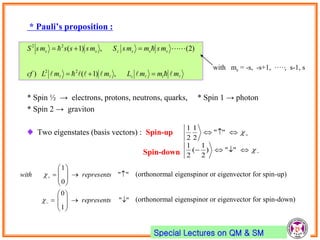 Special Lectures on QM & SM
* Pauli’s proposition :
* Spin ½ → electrons, protons, neutrons, quarks, * Spin 1 → photon
* Spin 2 → graviton
♦ Two eigenstates (basis vectors) : Spin-up
Spin-down
 

mmmLmmLcf
msmmsSmsssmsS
lz
ssszss


,)1()
)2(,)1(
22
22
with ms = -s, -s+1, ·····, s-1, s






"")
2
1
(
2
1
""
2
1
2
1
""
1
0
""
0
1






















represents
representswith

 (orthonormal eigenspinor or eigenvector for spin-up)
(orthonormal eigenspinor or eigenvector for spin-down)
 