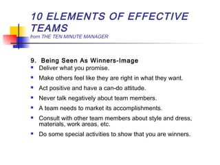 10 ELEMENTS OF EFFECTIVE
TEAMS
from THE TEN MINUTE MANAGER
9. Being Seen As Winners-Image
 Deliver what you promise.
 Make others feel like they are right in what they want.
 Act positive and have a can-do attitude.
 Never talk negatively about team members.
 A team needs to market its accomplishments.
 Consult with other team members about style and dress,
materials, work areas, etc.
 Do some special activities to show that you are winners.
 