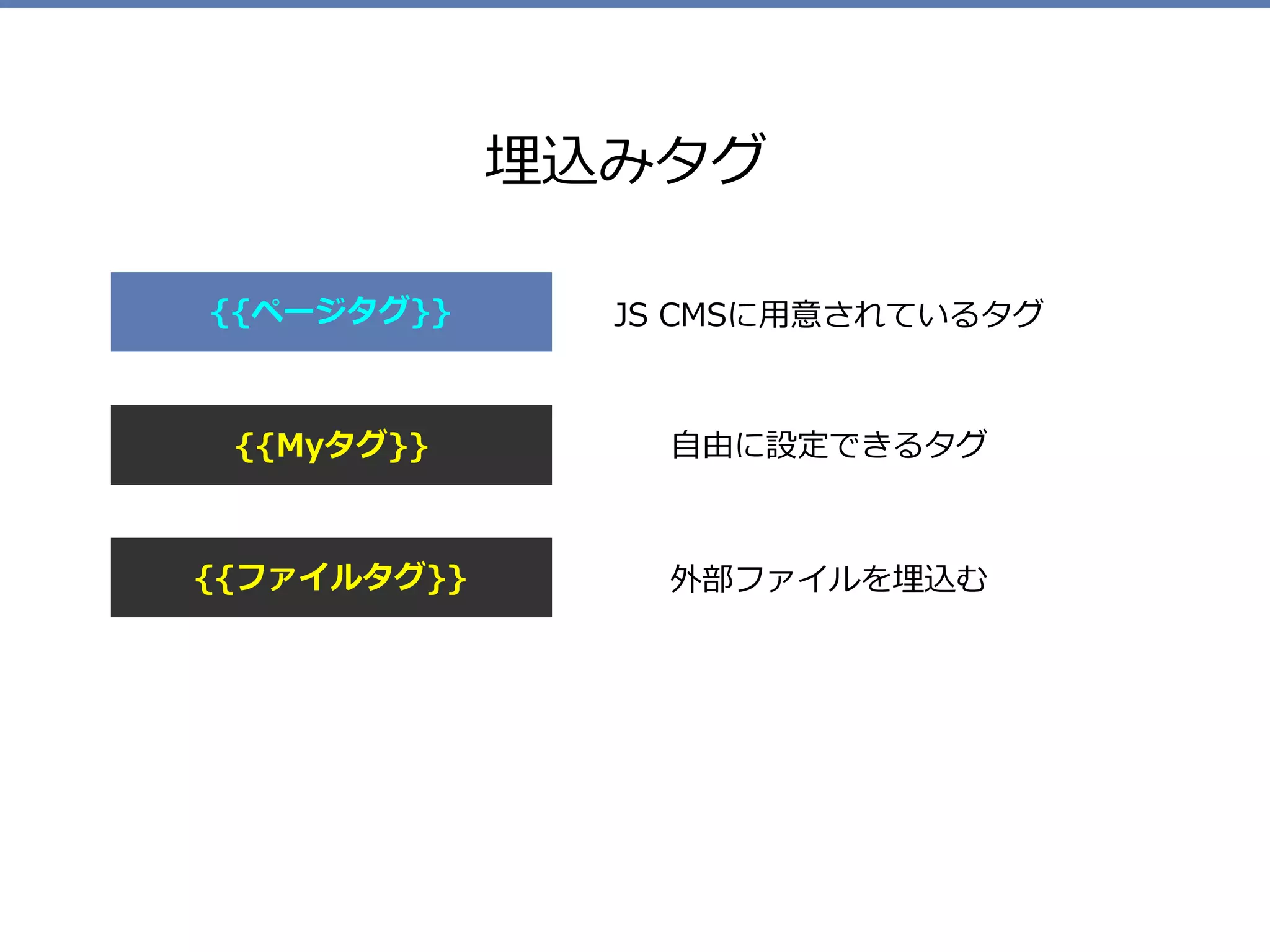 埋込みタグ
JS CMSに⽤意されているタグ
⾃由に設定できるタグ
{{ページタグ}}
{{Myタグ}}
{{ファイルタグ}} 外部ファイルを埋込む
 