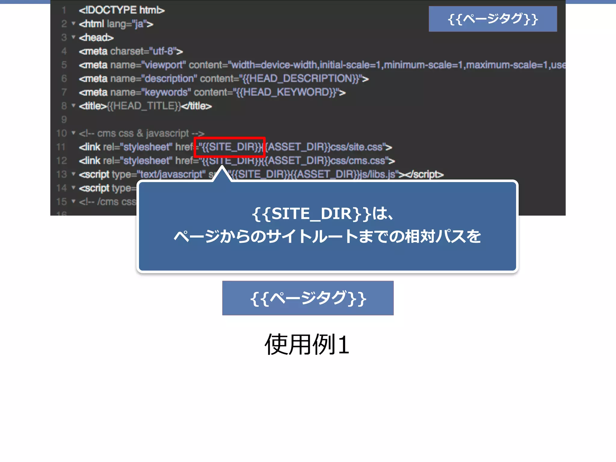 {{ページタグ}}
{{SITE_DIR}}は、 
ページからのサイトルートまでの相対パスを
使⽤例1
{{ページタグ}}
 