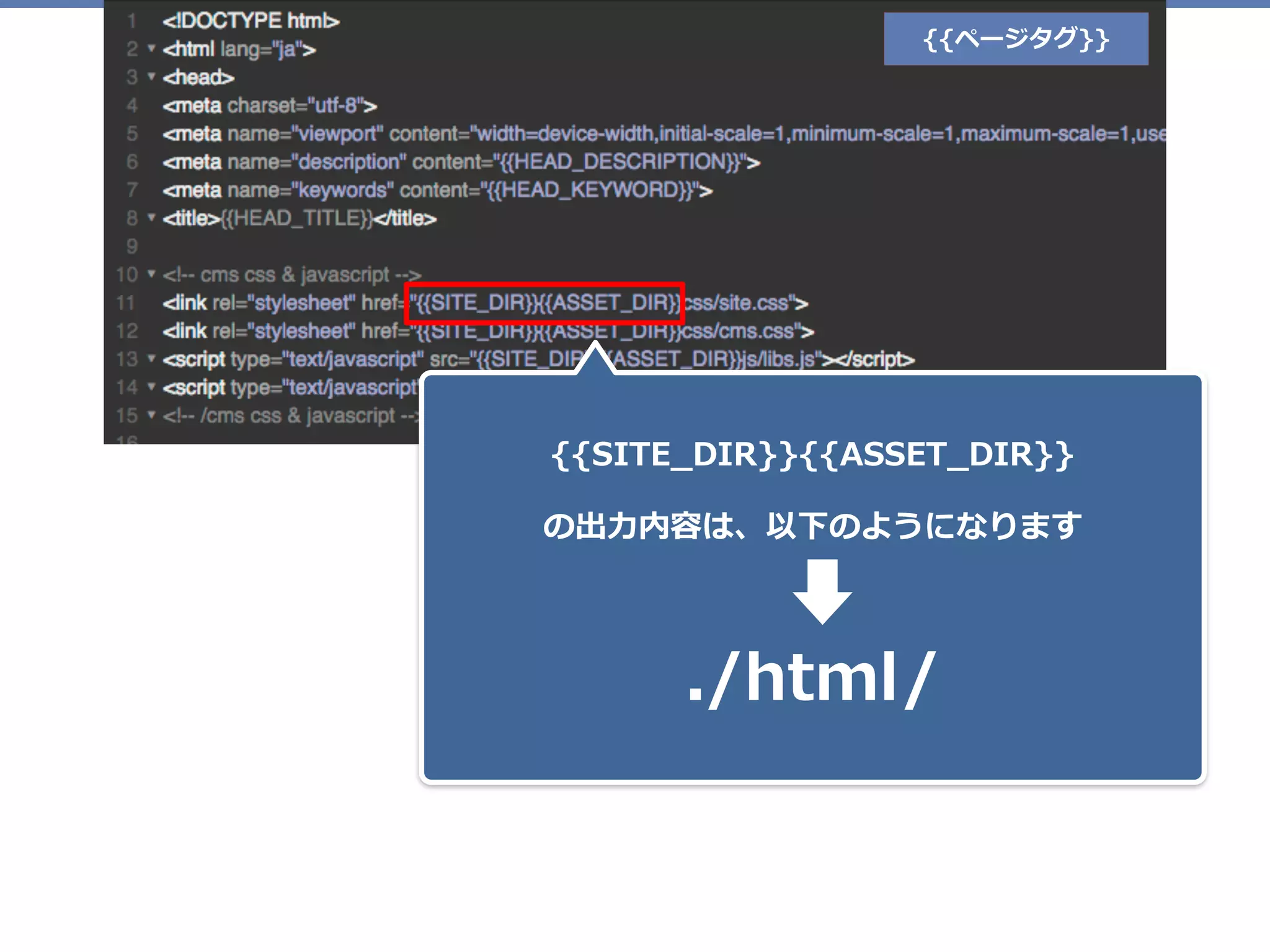 {{ページタグ}}
使⽤例1
{{ページタグ}}
{{SITE_DIR}}{{ASSET_DIR}}
./html/
の出⼒内容は、以下のようになります
 