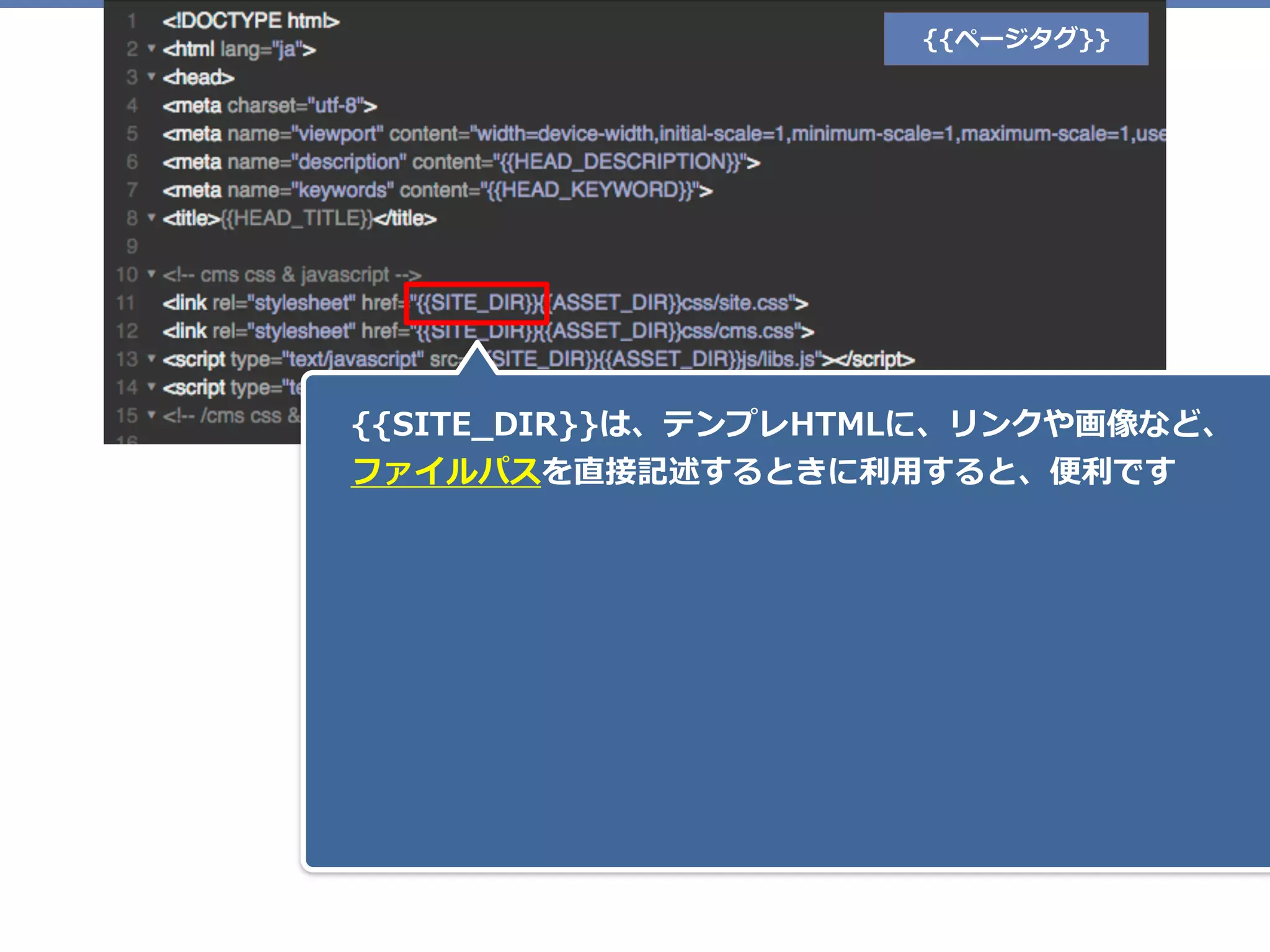 {{ページタグ}}
{{SITE_DIR}}は、テンプレHTMLに、リンクや画像など、 
ファイルパスを直接記述するときに利⽤すると、便利です
 