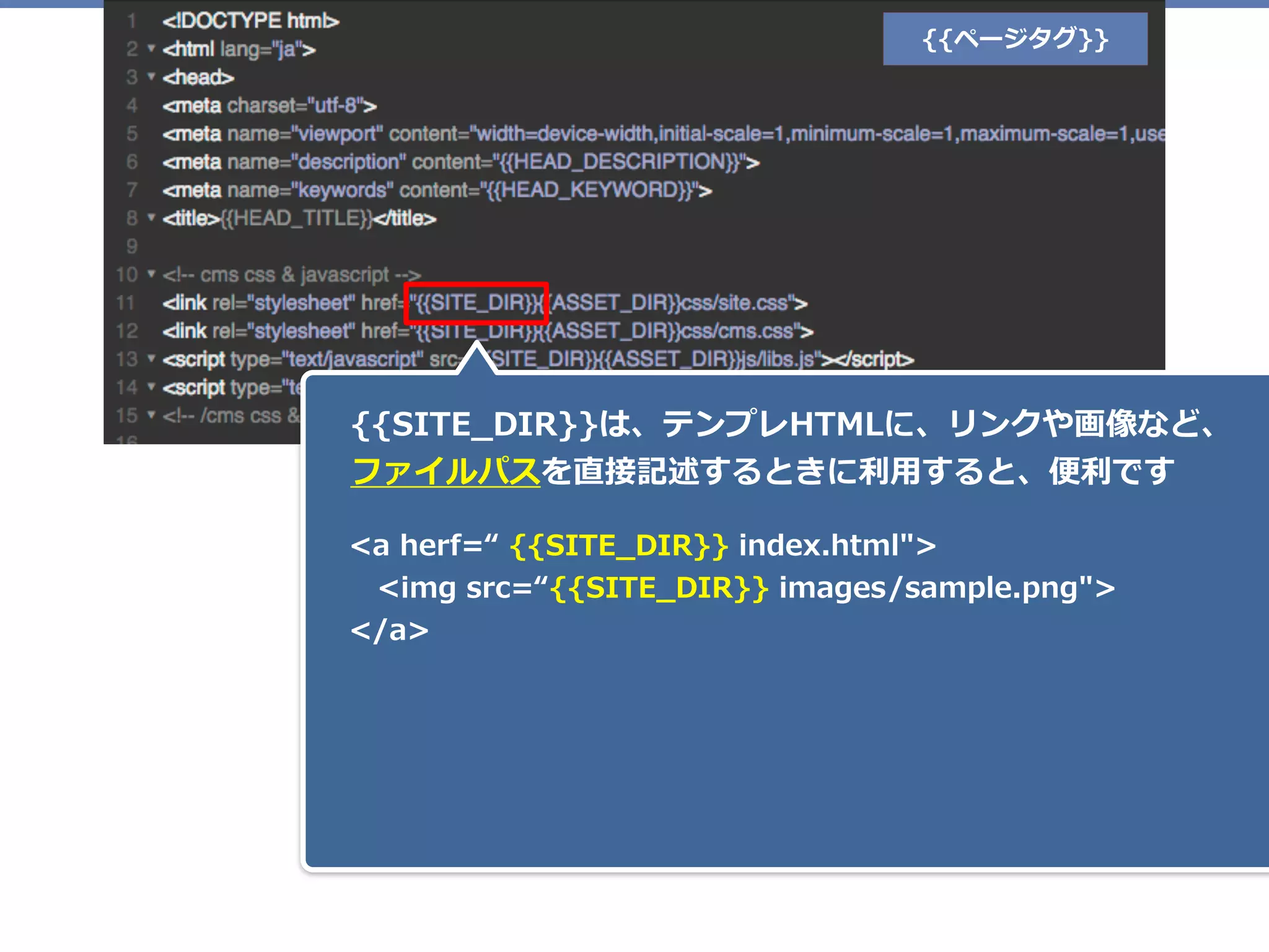 {{ページタグ}}
{{SITE_DIR}}は、テンプレHTMLに、リンクや画像など、 
ファイルパスを直接記述するときに利⽤すると、便利です
<a herf=“ {{SITE_DIR}} index.html"> 
 <img src=“{{SITE_DIR}} images/sample.png"> 
</a>
 