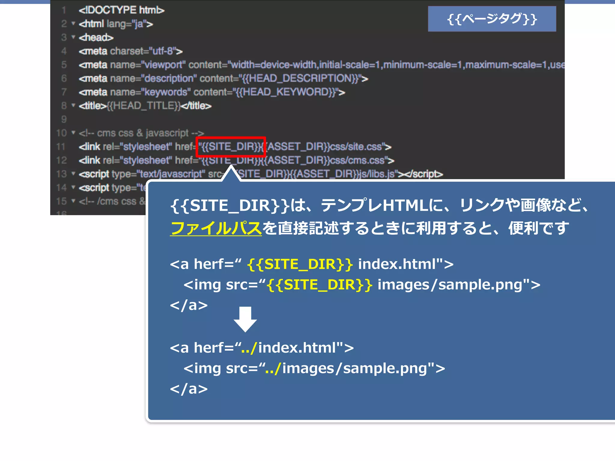 {{ページタグ}}
{{SITE_DIR}}は、テンプレHTMLに、リンクや画像など、 
ファイルパスを直接記述するときに利⽤すると、便利です
<a herf=“ {{SITE_DIR}} index.html"> 
 <img src=“{{SITE_DIR}} images/sample.png"> 
</a>
<a herf=“../index.html"> 
 <img src=“../images/sample.png"> 
</a>
 