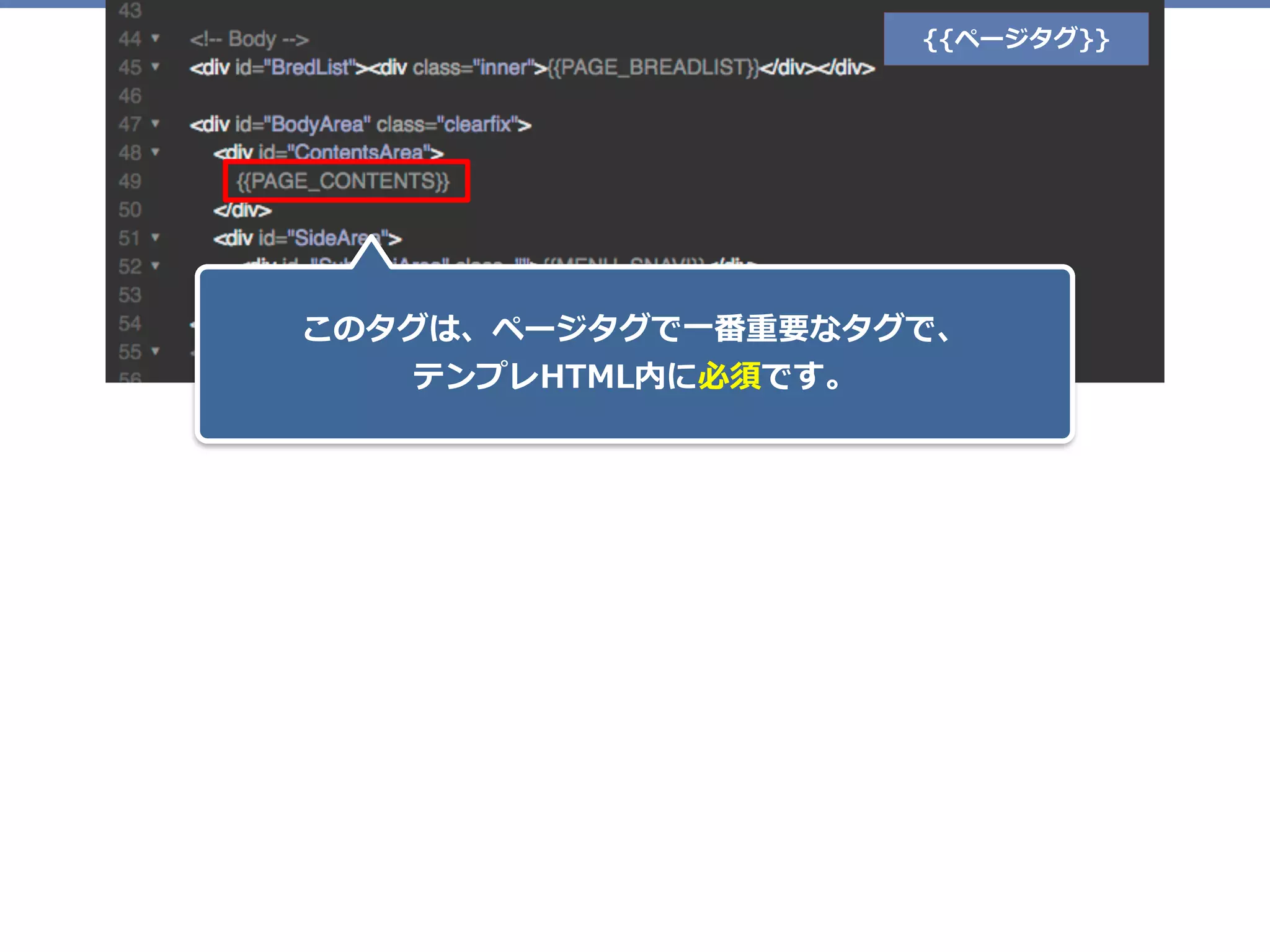 {{ページタグ}}
このタグは、ページタグで⼀番重要なタグで、 
テンプレHTML内に必須です。
 