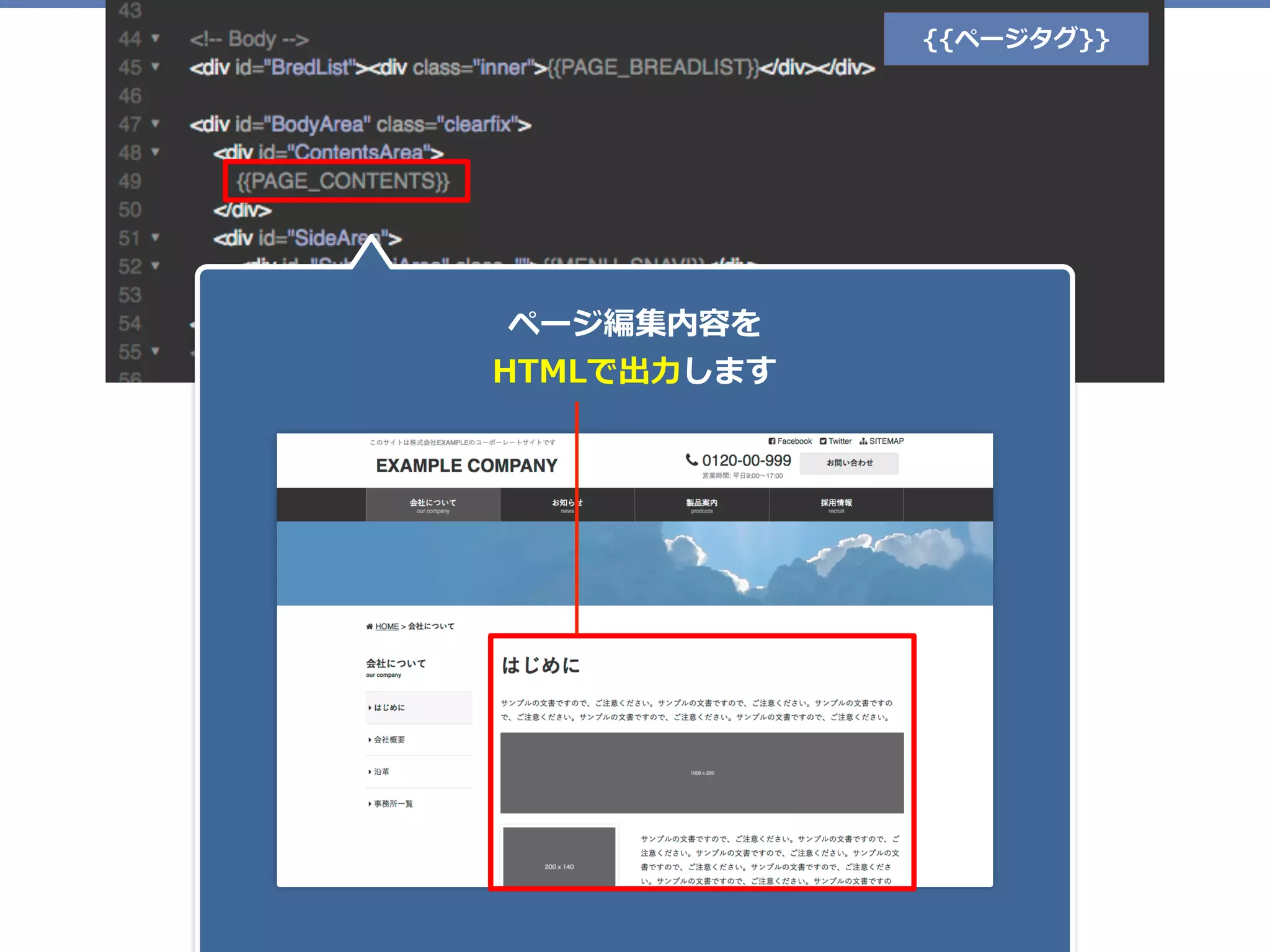 {{ページタグ}}
ページ編集内容を 
HTMLで出⼒します
 
