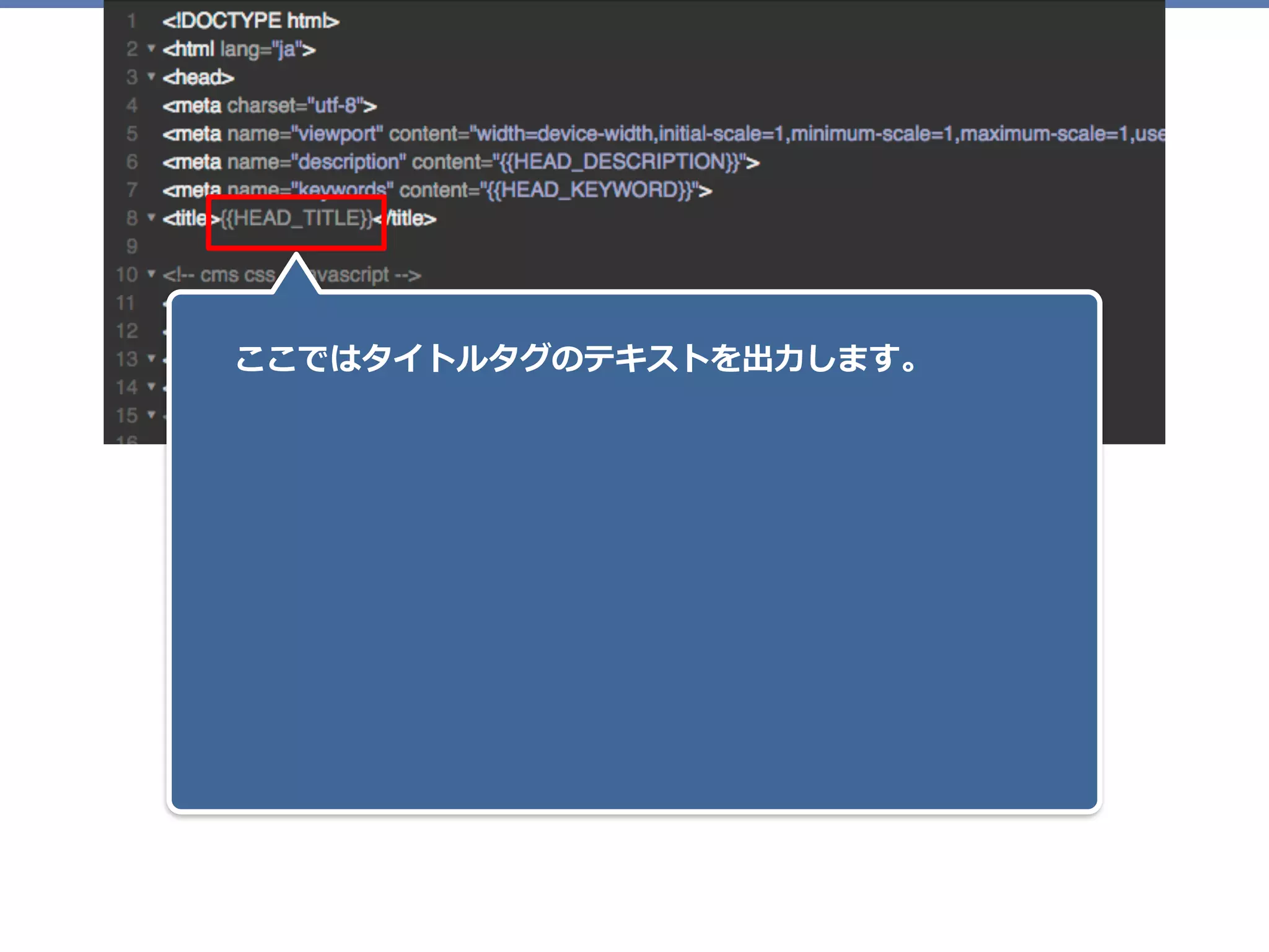 ここではタイトルタグのテキストを出⼒します。
 