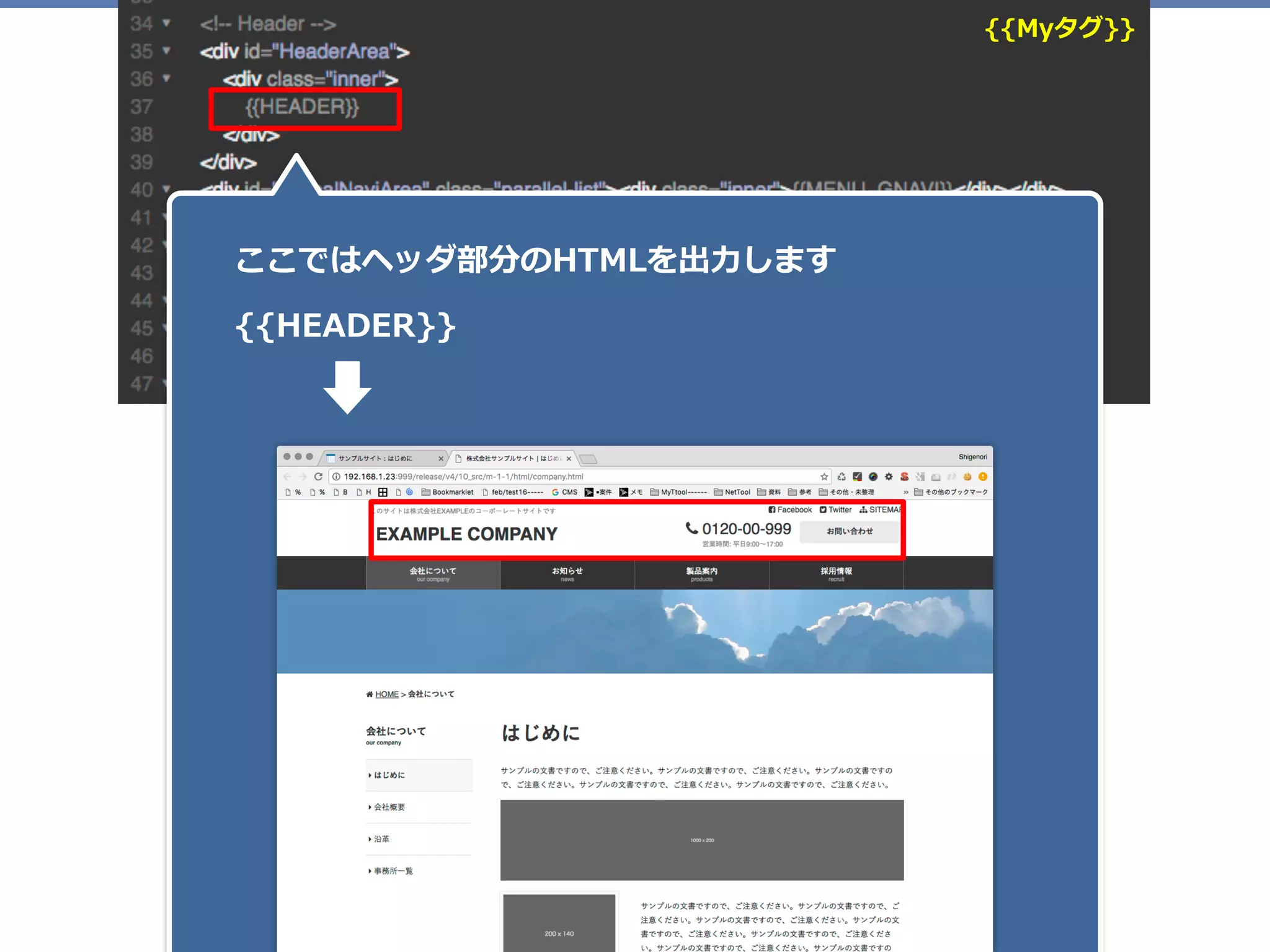 {{Myタグ}}
ここではヘッダ部分のHTMLを出⼒します
{{HEADER}}
 
