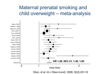 Maternal prenatal smoking and
child overweight – meta-analysis
Odds Ratio
.5 1 5
Combined
von Kries, 2002
Wideroe, 2003
Whitaker, 2004
Toschke, 2003
Toschke, 2002
Salsberry, 2005
Reilly, 2005
Power, 2002 M
Power, 2002 F
Oken, 2005
Dubois, 2006
Chen, 2006 M
Chen, 2006 F
Bergmann, 2003
Al Mamun, 2006
Adams, 2005
OR 1.50, 95% CI: 1.36, 1.65
Oken, et al. Int J Obes (Lond) 2008; 32(2):201-10
 