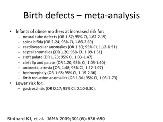 Birth defects – meta-analysis
• Infants of obese mothers at increased risk for:
– neural tube defects (OR 1.87; 95% CI, 1.62-2.15)
– spina bifida (OR 2.24; 95% CI, 1.86-2.69)
– cardiovascular anomalies (OR 1.30; 95% CI, 1.12-1.51)
– septal anomalies (OR 1.20; 95% CI, 1.09-1.31)
– cleft palate (OR 1.23; 95% CI, 1.03-1.47)
– cleft lip and palate (OR 1.20; 95% CI, 1.03-1.40)
– anorectal atresia (OR, 1.48; 95% CI, 1.12-1.97)
– hydrocephaly (OR 1.68; 95% CI, 1.19-2.36)
– limb reduction anomalies (OR 1.34; 95% CI, 1.03-1.73)
• Lower risk for:
– gastroschisis (OR 0.17; 95% CI, 0.10-0.30).
Stothard KJ, et al. JAMA 2009;301(6):636-650
 