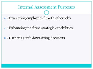 Internal Assessment Purposes
 - Evaluating employees fit with other jobs
 - Enhancing the firms strategic capabilities
 - Gathering info downsizing decisions
 