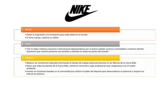•Llevar la inspiración y la innovación para cada atleta en el mundo
•Si tiene cuerpo, usted es un atleta
Misión
•“Ser la mejor empresa nacional e internacional destacándonos por la buena calidad, servicio y comodidad a nuestros clientes.
Queremos que nuestro producto sea vendido y utilizado en todas las partes del mundo.”
Visión
•Mejorar las condiciones laborales eliminando el tiempo de trabajo adicional excesivo en las fábricas de la marca Nike.
•Hacer que todas las plantas de la marca Nike, comercio minorista y viaje empresarial sean respetuosos con el medio
ambiente
•Invertir en iniciativas basadas en la comunidad que utilizan el poder del deporte para desencadenar el potencial y mejorar las
vida de los jóvenes.
Objetivos
 