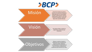 Misión Promover el éxito de nuestros
clientes con soluciones financieras
adecuadas para sus necesidades,
facilitar el desarrollo de nuestros
colaboradores, generar valor para
nuestros accionistas y apoyar el
desarrollo sostenido del país.
Visión Ser el Banco líder en todos los
segmentos y productos que
ofrecemos.
Objetivos
Ofrecer a nuestros clientes la
satisfacción de una experiencia
bancaria simple y eficiente,
contribuyendo al cumplimiento de
servir al cliente y representa el
compromiso que tenemos con ellos.
 