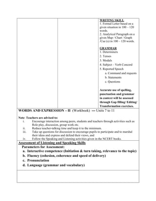 WRITING SKILL
1. Formal Letter based on a
given situation in 100 – 120
words.
2. Analytical Paragraph on a
given Map / Chart / Graph
/Cue (s) in 100 – 120 words.
GRAMMAR
1. Determiners
2. Tenses
3. Modals
4. Subject – Verb Concord
5. Reported Speech
a. Command and requests
b. Statements
c. Questions
Accurate use of spelling,
punctuation and grammar
in context will be assessed
through Gap filling/ Editing/
Transformation exercises.
WORDS AND EXPRESSION – II (Workbook) --- Units 7 to 11
Note: Teachers are advised to:
i. Encourage interaction among peers, students and teachers through activities such as
Role play, discussion, group work etc.
ii. Reduce teacher-talking time and keep it to the minimum.
iii. Take up questions for discussion to encourage pupils to participate and to marshal
their ideas and express and defend their views, and
iv. Follow the Speaking and Listening activities given in the NCERT books.
Assessment of Listening and Speaking Skills
Parameters for Assessment:
a. Interactive competence (Initiation & turn taking, relevance to the topic)
b. Fluency (cohesion, coherence and speed of delivery)
c. Pronunciation
d. Language (grammar and vocabulary)
 