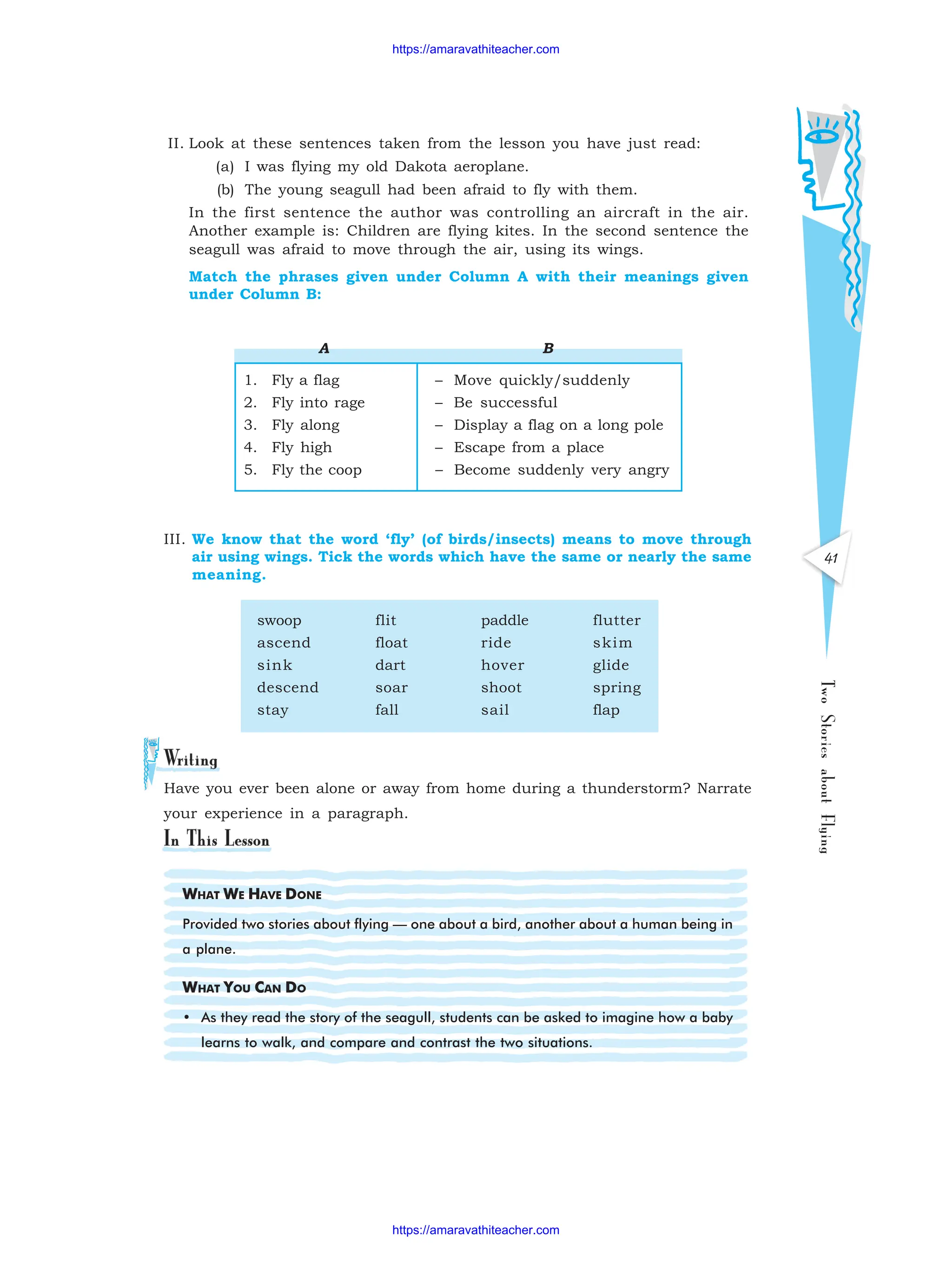 41
Two
Stories
about
Flying
II. Look at these sentences taken from the lesson you have just read:
(a) I was flying my old Dakota aeroplane.
(b) The young seagull had been afraid to fly with them.
In the first sentence the author was controlling an aircraft in the air.
Another example is: Children are flying kites. In the second sentence the
seagull was afraid to move through the air, using its wings.
Match the phrases given under Column A with their meanings given
under Column B:
III. We know that the word ‘fly’ (of birds/insects) means to move through
air using wings. Tick the words which have the same or nearly the same
meaning.
swoop flit paddle flutter
ascend float ride skim
sink dart hover glide
descend soar shoot spring
stay fall sail flap
Have you ever been alone or away from home during a thunderstorm? Narrate
your experience in a paragraph.
WHAT WE HAVE DONE
Provided two stories about flying — one about a bird, another about a human being in
a plane.
WHAT YOU CAN DO
• As they read the story of the seagull, students can be asked to imagine how a baby
learns to walk, and compare and contrast the two situations.
A B
1. Fly a flag – Move quickly/suddenly
2. Fly into rage – Be successful
3. Fly along – Display a flag on a long pole
4. Fly high – Escape from a place
5. Fly the coop – Become suddenly very angry
https://amaravathiteacher.com
https://amaravathiteacher.com
 