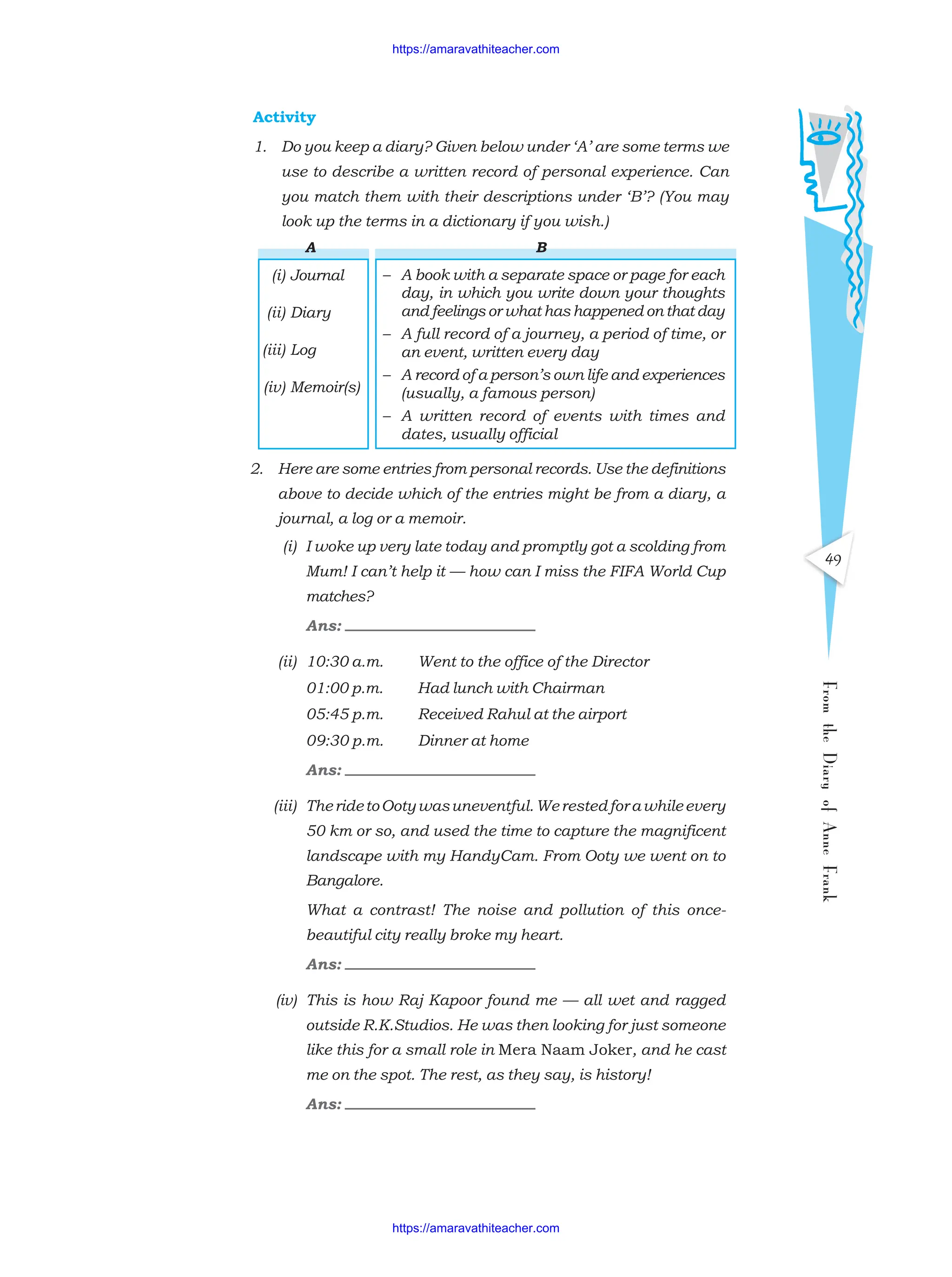 2. Here are some entries from personal records. Use the definitions
above to decide which of the entries might be from a diary, a
journal, a log or a memoir.
(i) I woke up very late today and promptly got a scolding from
Mum! I can’t help it — how can I miss the FIFA World Cup
matches?
Ans:
(ii) 10:30 a.m. Went to the office of the Director
01:00 p.m. Had lunch with Chairman
05:45 p.m. Received Rahul at the airport
09:30 p.m. Dinner at home
Ans:
(iii) TheridetoOotywasuneventful.Werestedforawhileevery
50 km or so, and used the time to capture the magnificent
landscape with my HandyCam. From Ooty we went on to
Bangalore.
What a contrast! The noise and pollution of this once-
beautiful city really broke my heart.
Ans:
(iv) This is how Raj Kapoor found me — all wet and ragged
outside R.K.Studios. He was then looking for just someone
like this for a small role in Mera Naam Joker, and he cast
me on the spot. The rest, as they say, is history!
Ans:
49
From
the
Diary
of
Anne
Frank
Activity
1. Do you keep a diary? Given below under ‘A’ are some terms we
use to describe a written record of personal experience. Can
you match them with their descriptions under ‘B’? (You may
look up the terms in a dictionary if you wish.)
B
– A book with a separate space or page for each
day, in which you write down your thoughts
and feelings or what has happened on that day
– A full record of a journey, a period of time, or
an event, written every day
– A record of a person’s own life and experiences
(usually, a famous person)
– A written record of events with times and
dates, usually official
A
(i) Journal
(ii) Diary
(iii) Log
(iv) Memoir(s)
https://amaravathiteacher.com
https://amaravathiteacher.com
 