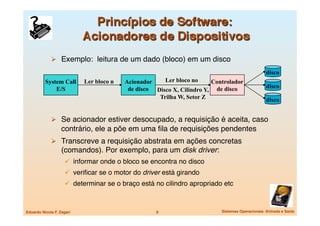   Exemplo: leitura de um dado (bloco) em um disco
                                                                                                  disco
          System Call       Ler bloco n   Acionador    Ler bloco no     Controlador
              E/S                          de disco Disco X, Cilindro Y, de disco                 disco
                                                     Trilha W, Setor Z                            disco


               Se acionador estiver desocupado, a requisição é aceita, caso
                   contrário, ele a põe em uma ﬁla de requisições pendentes
               Transcreve a requisição abstrata em ações concretas
                   (comandos). Por exemplo, para um disk driver:
                       informar onde o bloco se encontra no disco
                       veriﬁcar se o motor do driver está girando
                       determinar se o braço está no cilindro apropriado etc



Eduardo Nicola F. Zagari
                           8
                     Sistemas Operacionais -Entrada e Saída
 