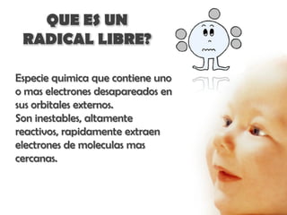 QUE ES UN
 RADICAL LIBRE?

Especie quimica que contiene uno
o mas electrones desapareados en
sus orbitales externos.
Son inestables, altamente
reactivos, rapidamente extraen
electrones de moleculas mas
cercanas.
 