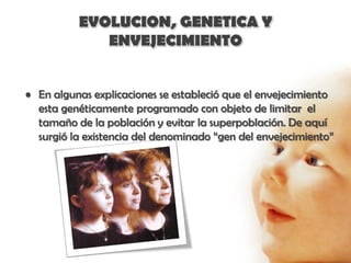 EVOLUCION, GENETICA Y
             ENVEJECIMIENTO


• En algunas explicaciones se estableció que el envejecimiento
  esta genéticamente programado con objeto de limitar el
  tamaño de la población y evitar la superpoblación. De aquí
  surgió la existencia del denominado “gen del envejecimiento”
 