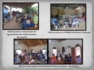 Oficina junto a Associação de
Agricultores de Umburaninha Bertópolis

Oficina junto ao CMDRS de Monte Formoso

Oficina Associação Comunitária de Santo Antônio - Setubinha

 