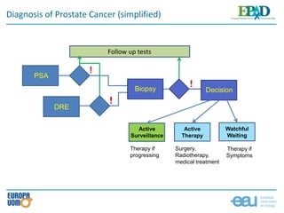 Diagnosis of Prostate Cancer (simplified)
PSA
Tastunter-
suchungDRE
Biopsy Decision
Follow up tests
!
Active
Surveillance
Active
Therapy
Watchful
Waiting
Surgery,
Radiotherapy,
medical treatment
Therapy if
progressing
Therapy if
Symptoms
 