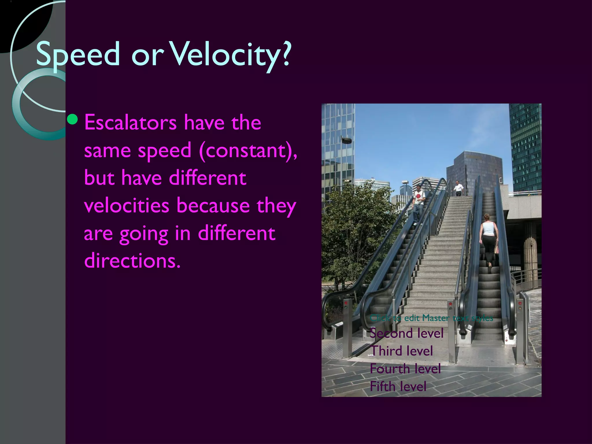 Speed or Velocity?
  Escalators  have the
   same speed (constant),
   but have different
   velocities because they
   are going in different
   directions.

                             Click to edit Master text styles
                             Second level
                             Third level
                             Fourth level
                             Fifth level
 