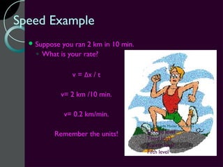 Speed Example
   Suppose you ran 2 km in 10 min.
    ◦ What is your rate?

                 v = Δx / t

              v= 2 km /10 min.

              v= 0.2 km/min.
                                      Click to edit Master text styles

         Remember the units!          Second level
                                      Third level
                                      Fourth level
                                      Fifth level
 