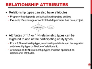 RELATIONSHIP ATTRIBUTES
 Relationship types can also have attributes
• Property that depends on both/all participating entities
• Example: Percentage of control that department has on a project
 Attributes of 1:1 or 1:N relationship types can be
migrated to one of the participating entity types
• For a 1:N relationship type, relationship attribute can be migrated
only to entity type on N-side of relationship
• Attributes on M:N relationship types must be specified as
relationship attributes
19
Percent
CONTROLS
 