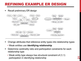 REFINING EXAMPLE ER DESIGN
 Recall preliminary ER design
 Change attributes that reference entity types into relationship types
• Weak entities use identifying relationship
 Determine cardinality ratio and participation constraints for each
relationship type
• Weak entity type always has structural constraint of (1,1)
participation in identifying relationship
21
 