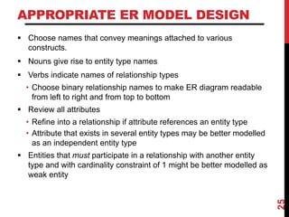 APPROPRIATE ER MODEL DESIGN
 Choose names that convey meanings attached to various
constructs.
 Nouns give rise to entity type names
 Verbs indicate names of relationship types
• Choose binary relationship names to make ER diagram readable
from left to right and from top to bottom
 Review all attributes
• Refine into a relationship if attribute references an entity type
• Attribute that exists in several entity types may be better modelled
as an independent entity type
 Entities that must participate in a relationship with another entity
type and with cardinality constraint of 1 might be better modelled as
weak entity
25
 