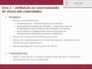 Erro 2 – atribuição ao concessionário de
riscos não controláveis
• Exemplos
– Riscos socioambientais
• Desapropriação – variação dos preços de imóveis
• Desocupação/Princípios do Equador – variação do custo da desapropriação por
incidência dos Princípios do Equador
• Riscos relativo à definição dos custos decorrentes de compensações, mitigantes
e passivos ambientais
– Riscos de comoção/manifestação social
– Riscos de remanejamento de interferências e acidentes com
interferências imprevistas
– Riscos geológicos em projetos de Metrô
• Consequências
– Poder Concedente e usuário pagam mais do que se houvesse
distribuição de riscos adequada
 