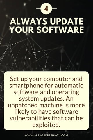 ALWAYS UPDATE
YOUR SOFTWARE
Set up your computer and
smartphone for automatic
software and operating
system updates. An
unpatched machine is more
likely to have software
vulnerabilities that can be
exploited.
4
WWW.ALEXGREBESHKOV.COM
 