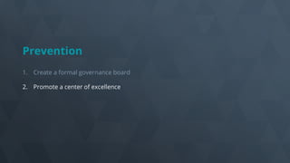 Prevention
1. Create a formal governance board
2. Promote a center of excellence
 