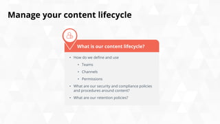 Manage your content lifecycle
• How do we define and use
• Teams
• Channels
• Permissions
• What are our security and compliance policies
and procedures around content?
• What are our retention policies?
What is our content lifecycle?
 
