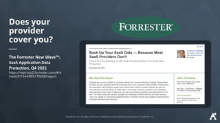 Does your
provider
cover you?
The Forrester New Wave™:
SaaS Application Data
Protection, Q4 2021
https://reprints2.forrester.com/#/a
ssets/2/1644/RES176558/report
 