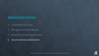 Administration
3. Consolidate your data
4. Manage the content lifecycle
5. Establish provisioning processes
6. Secure external collaboration
 