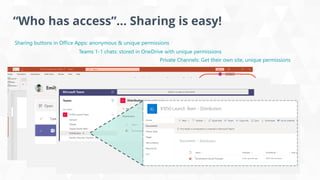 “Who has access”… Sharing is easy!
Sharing buttons in Office Apps: anonymous & unique permissions
Teams 1-1 chats: stored in OneDrive with unique permissions
Private Channels: Get their own site, unique permissions
 