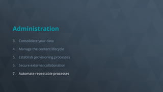 Administration
3. Consolidate your data
4. Manage the content lifecycle
5. Establish provisioning processes
6. Secure external collaboration
7. Automate repeatable processes
 
