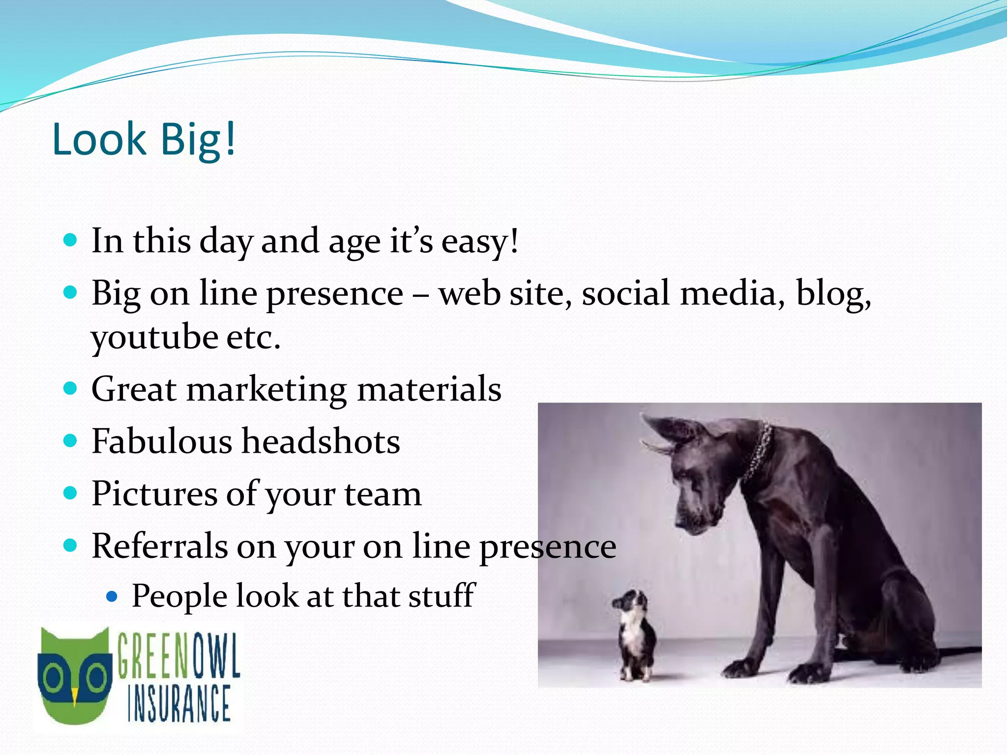 Look Big!
 In this day and age it’s easy!
 Big on line presence – web site, social media, blog,
youtube etc.
 Great marketing materials
 Fabulous headshots
 Pictures of your team
 Referrals on your on line presence
 People look at that stuff
 