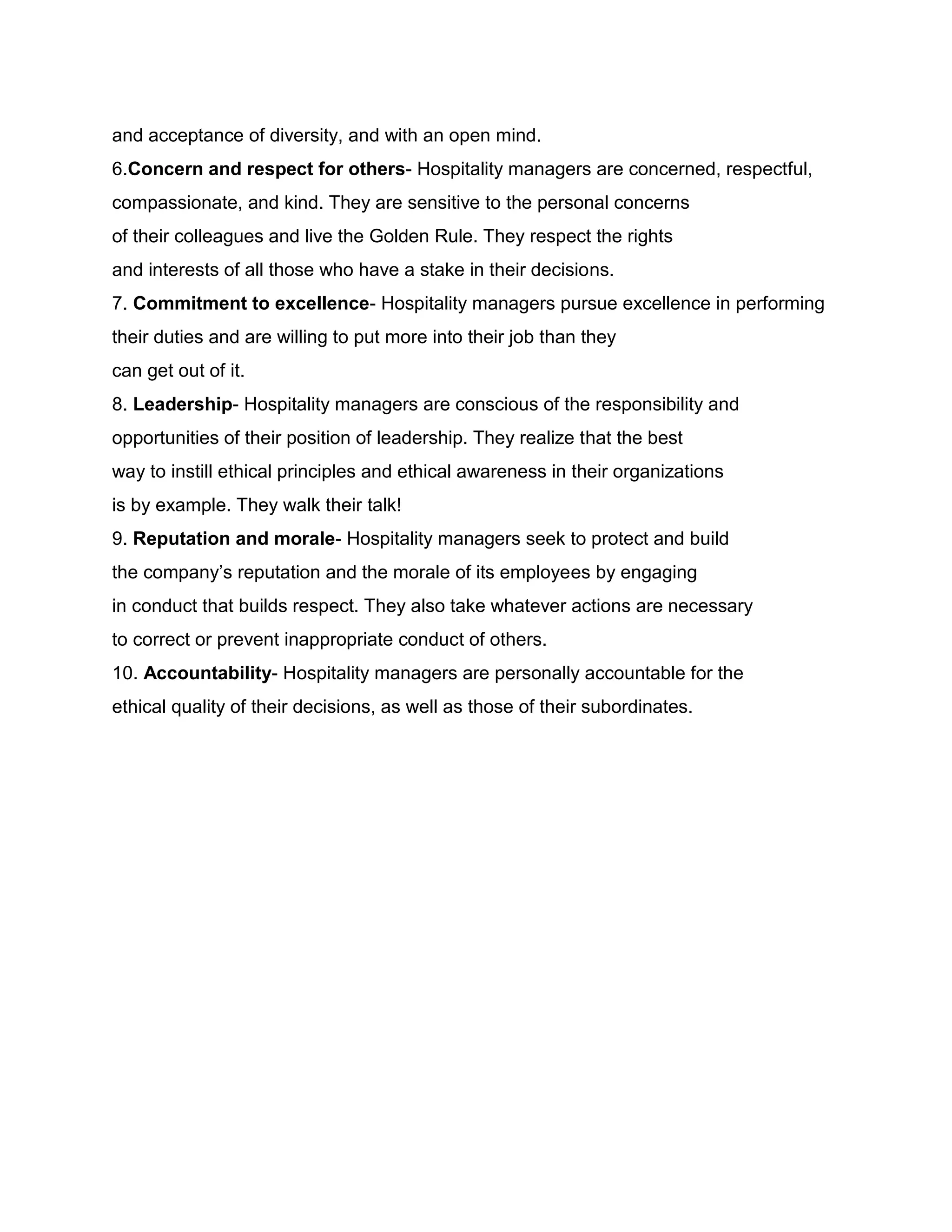 10 ethical principles for hospitality managers