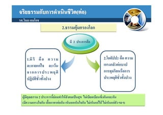 จริยธรรมกับการดําเนินชีวต(ตอ)
                        ิ
รศ.วิมล เอมโอช
                                2.ธรรมคุมครองโลก
                                        

                                      มี 2 ประการคือ


     1.หิ ริ คื อ ค ว า ม                                        2.โอตัปปะ คือ ความ
     ละอายแกใจ ละเวน                                           เกรงกลัวตอบาป
     จ า ก ก า ร ป ร ะ พ ฤ ติ                                    การทุจริตหรือการ
     ปฏิบัติชั่วทั้งปวง                                          ประพฤติชั่วทั้งปวง


  ผูมีคุณธรรม 2 ประการนี้ยอมทําใหสังคมเปนสุข ไมเบียดเบียนซึงกันและกัน
                                                                ่
  (มีความเกรงใจกัน เอื้ออาทรตอกัน เห็นอกเห็นใจกัน ไมเห็นแกได ไมเห็นแกตัวฯลฯ)
 