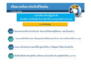 จริยธรรมกับการดําเนินชีวต(ตอ)
                          ิ
  รศ.วิมล เอมโอช
                               6. มิตรเทียม (มิตรปฏิรูปก) ตอ
               มิตรเทียม หรือศัตรูที่มาในรางมิตรไมควรคบอยางยิ่งมี 4 ประเภท
                                                 6.2 มิตรดีแตพูด

6.2.1 เก็บเอาของลวงแลวมาปราศรัย (เชน “คิดจะแบงใหแตรออยูไมเห็นมา ขณะนี้หมดแลว”)


6.2.2   อางเอาของที่ยังไมมีมาปราศรัย เพื่อปลุกปลอบใจ เพื่อใหชวยทําธุระให (เชน “ถาทํางานนี้เสร็จจะใหเพื่อ 50 %เลย)



6.2.3 สงเคราะหดวยสิ่งทําประโยชนมิได (พูดในสิ่งไรสาระ ไมมีคุณคา ไมมประโยชนอันใด)
                                                                          ี


6.2.4 เมื่อเพื่อนมีกิจอางแตเหตุขัดของ (เพือขอความชวยเหลือจะอางเหตุขัดของไปตาง ๆ นานา)
                                             ่
 