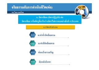 จริยธรรมกับการดําเนินชีวต(ตอ)
                        ิ
รศ.วิมล เอมโอช
                           6. มิตรเทียม (มิตรปฏิรูปก) ตอ
           มิตรเทียม หรือศัตรูที่มาในรางมิตรไมควรคบอยางยิ่งมี 4 ประเภท
                                  6.3 มิตรหัวประจบ

                     6.3.1   จะทําชัวก็คลอยตาม
                                    ่

                    6.3.2    จะทําดีก็คลอยตาม

                    6.3.3    ตอหนาสรรเสริญ

                    6.3.4     ลับหลังนินทา
 