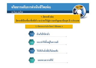จริยธรรมกับการดําเนินชีวต(ตอ)
                        ิ
รศ.วิมล เอมโอช
                                   7. มิตรแท (ตอ)
     มิตรแทเปนเพื่อนที่แทจริง จะนําพาไปสูความเจริญและเปนสุข มี 4 ประเภท
                             7.3 มิตรแนะนําประโยชน มีลักษณะ 4

                     7.3.1    หามไมใหทําชั่ว

                    7.3.2      แนะนําใหตั้งอยูในความดี

                    7.3.3      ใหฟงในสิ่งที่ยังไมเคยฟง

                    7.3.4      บอกทางสวรรคให
 