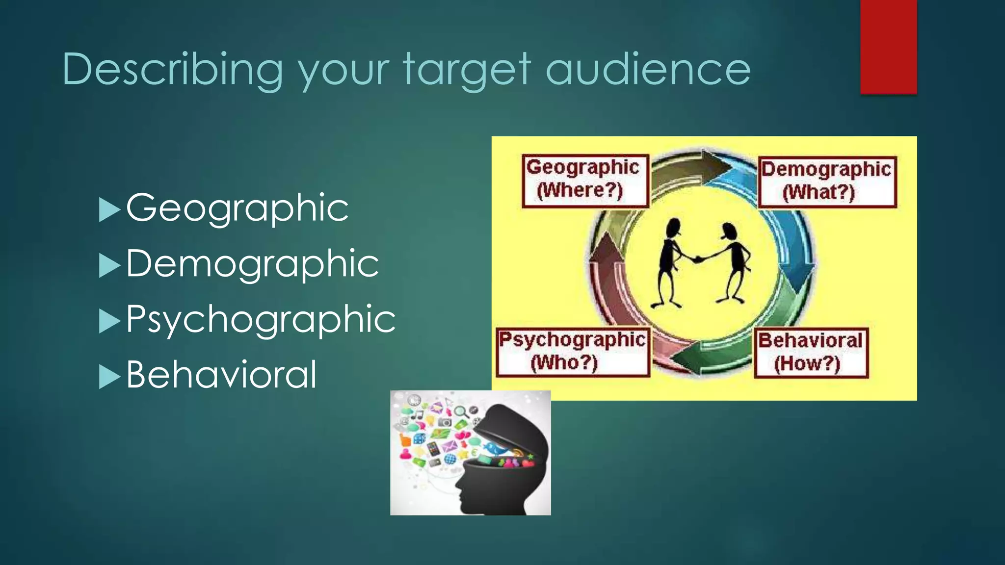 Describing your target audience
Geographic
Demographic
Psychographic
Behavioral
 