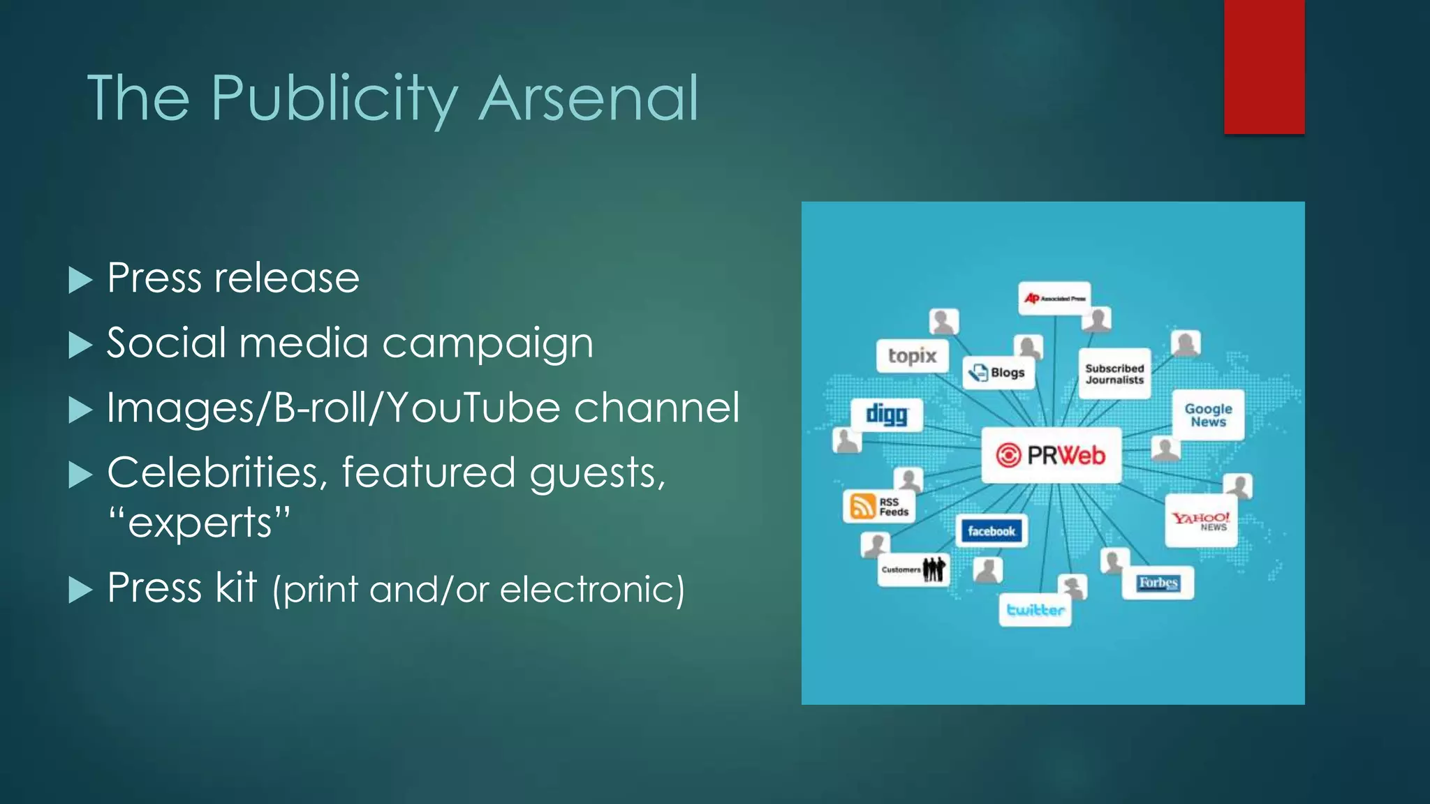 The Publicity Arsenal
 Press release
 Social media campaign
 Images/B-roll/YouTube channel
 Celebrities, featured guests,
“experts”
 Press kit (print and/or electronic)
 