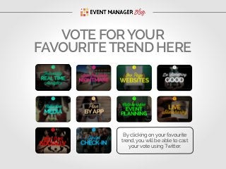 VOTE FOR YOUR
FAVOURITE TREND HERE

By clicking on your favourite
trend, you will be able to cast
your vote using Twitter.

 