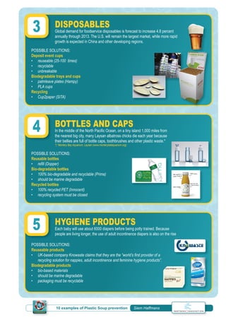 10 examples of Plastic Soup prevention | Siem Haffmans
DISPOSABLES
Global demand for foodservice disposables is forecast to increase 4.8 percent
annually through 2013. The U.S. will remain the largest market, while more rapid
growth is expected in China and other developing regions.
BOTTLES AND CAPS
In the middle of the North Paciﬁc Ocean, on a tiny island 1,000 miles from
the nearest big city, many Laysan albatross chicks die each year because
their bellies are full of bottle caps, toothbrushes and other plastic waste.*
*) “Montery Bay Aquarium, Laysan (www.monterybataquarium.org)
HYGIENE PRODUCTS
Each baby will use about 6000 diapers before being potty trained. Because
people are living longer, the use of adult incontinence diapers is also on the rise
POSSIBLE SOLUTIONS:
Deposit event cups
• reuseable (25-100 times)
• recyclable
• unbreakable
Biodegradable trays and cups
• palmleave plates (Hampy)
• PLA cups
Recycling
• Cup2paper (SITA)
POSSIBLE SOLUTIONS:
Reusable bottles
• reﬁll (Dopper)
Bio-degradable bottles
• 100% bio-degradable and recyclable (Prima)
• should be marine degradable
Recycled bottles
• 100% recycled PET (Innocent)
• recycling system must be closed
POSSIBLE SOLUTIONS:
Reuseable products
• UK-based company Knowaste claims that they are the “world’s ﬁrst provider of a
recycling solution for nappies, adult incontinence and feminine hygiene products”.
Biodegradable products
• bio-based materials
• should be marine degradable
• packaging must be recyclable
3
4
5
 